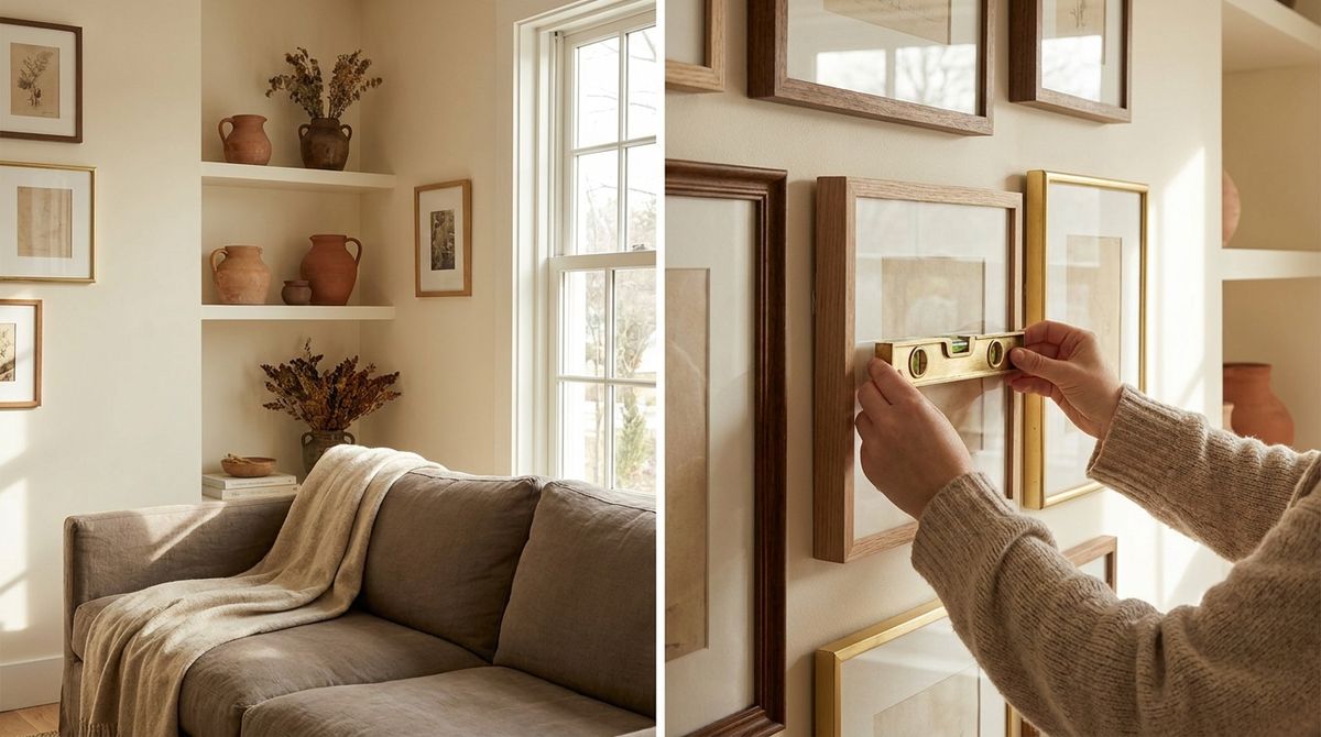 Person adjusting a gallery wall frame with a small level tool