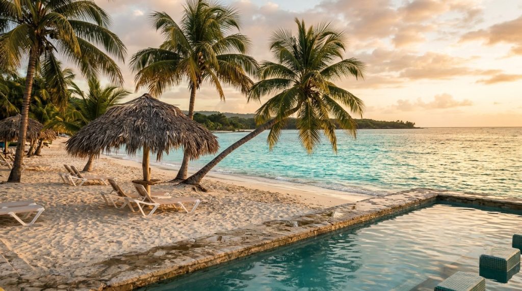 Empty sun loungers and a thatched palapa on a Jamaican resort beach at sunset