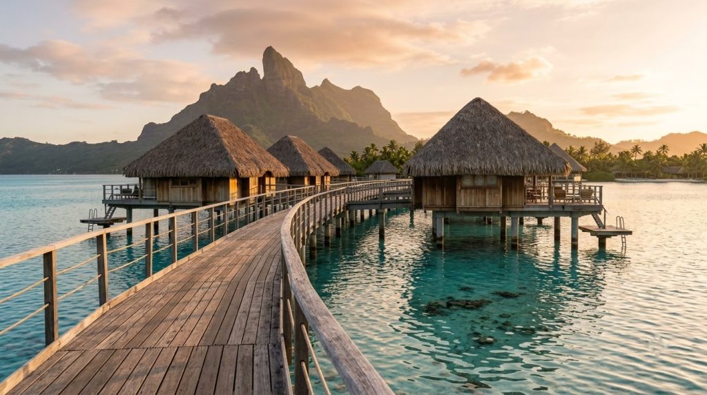 Overwater bungalows on a turquoise Bora Bora lagoon with Mount Otemanu behind at sunset