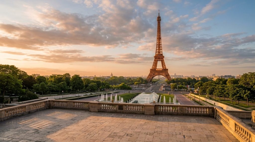 Eiffel Tower at golden hour viewed from the Trocadero terrace in Paris