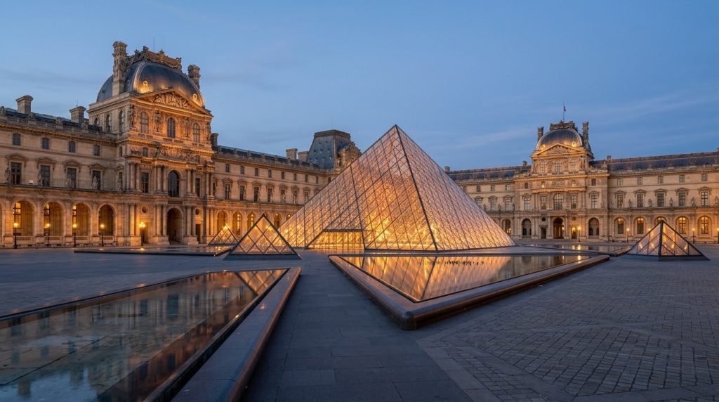 Louvre Pyramid and palace facade glowing at dusk in Paris