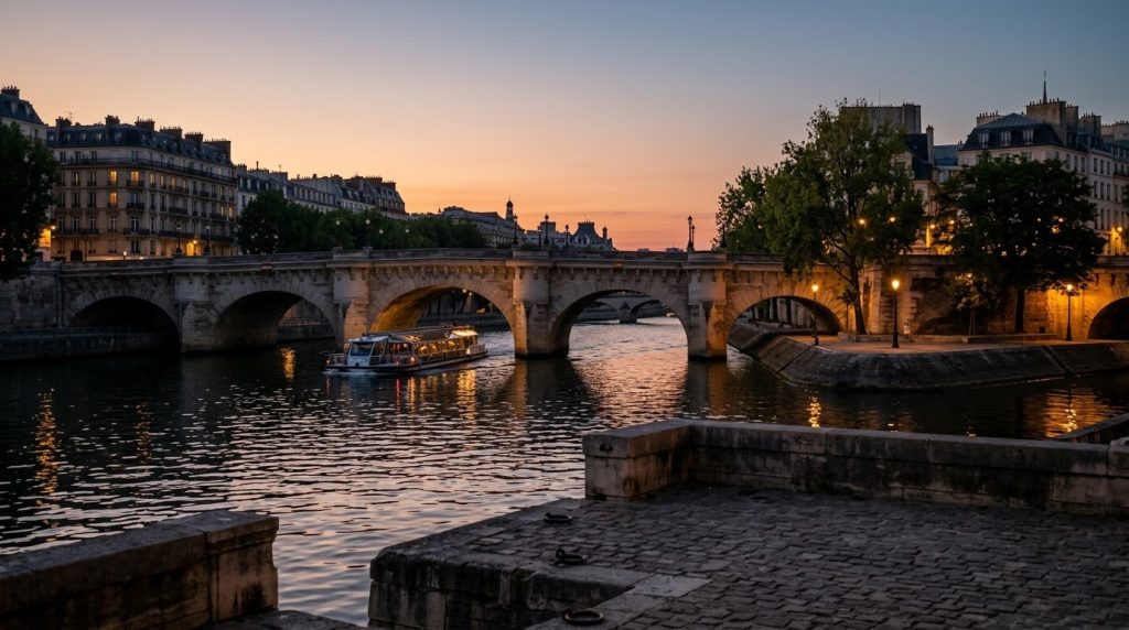 Tour boat passing under Pont Neuf on the Seine in Paris at dusk