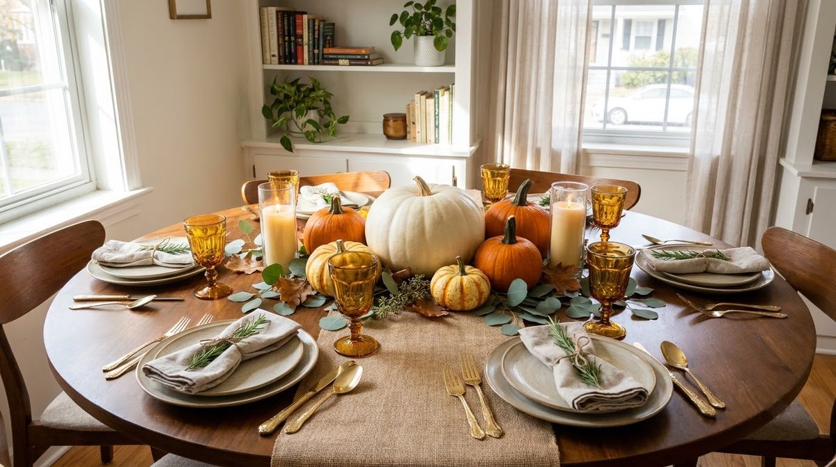 Overview of thanksgiving table decor ideas styled for a small apartment or rental home Overview of thanksgiving table decor ideas styled for a small apartment or rental home