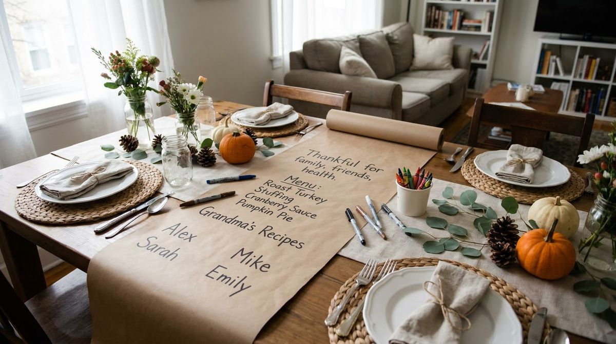 A Kraft Paper Runner Guests Can Write On idea for thanksgiving table decor A Kraft Paper Runner Guests Can Write On idea for thanksgiving table decor