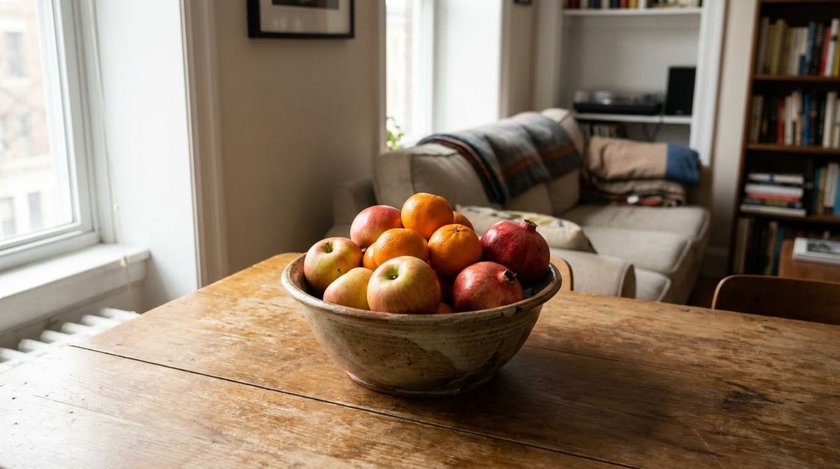 A Produce Bowl You Eat Later idea for thanksgiving table decor in a small rental A Produce Bowl You Eat Later idea for thanksgiving table decor in a small rental