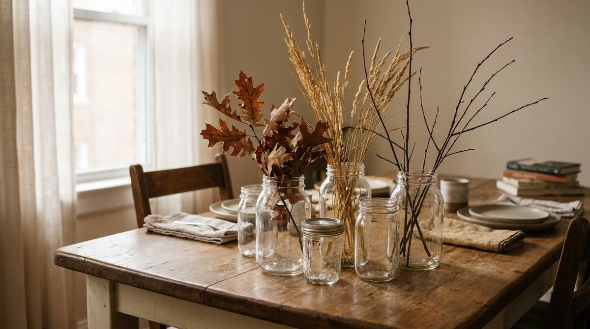 Clippings From Outside in Glass Jars idea for thanksgiving table decor in a small rental Clippings From Outside in Glass Jars idea for thanksgiving table decor in a small rental