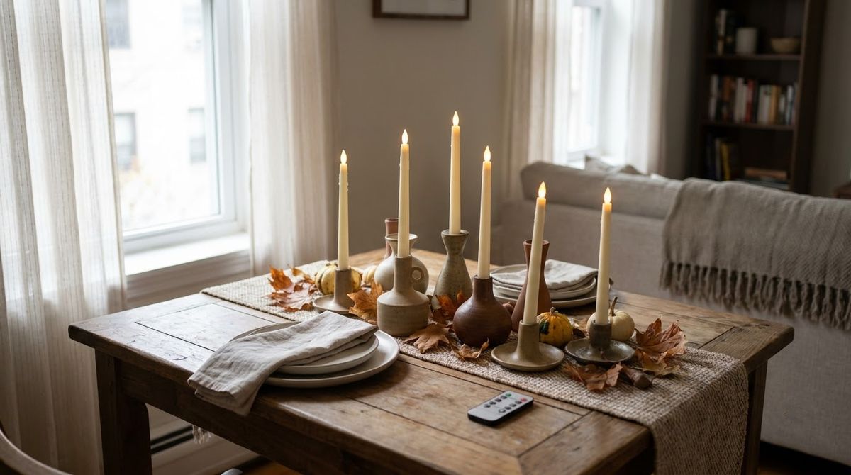 LED Taper Candles in Ceramic Holders idea for thanksgiving table decor in a small rental LED Taper Candles in Ceramic Holders idea for thanksgiving table decor in a small rental