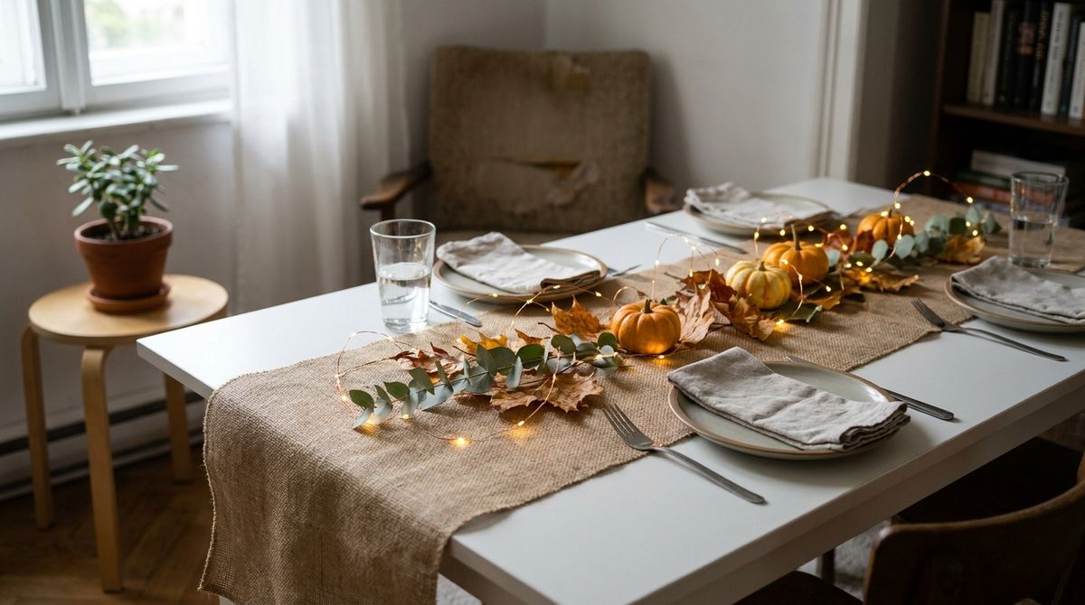 Battery String Lights Woven Through the Runner idea for thanksgiving table decor in a small rental Battery String Lights Woven Through the Runner idea for thanksgiving table decor in a small rental