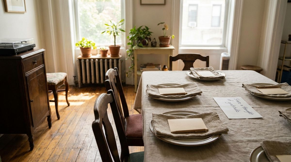 A Gratitude Card at Every Plate idea for thanksgiving table decor in a small rental A Gratitude Card at Every Plate idea for thanksgiving table decor in a small rental