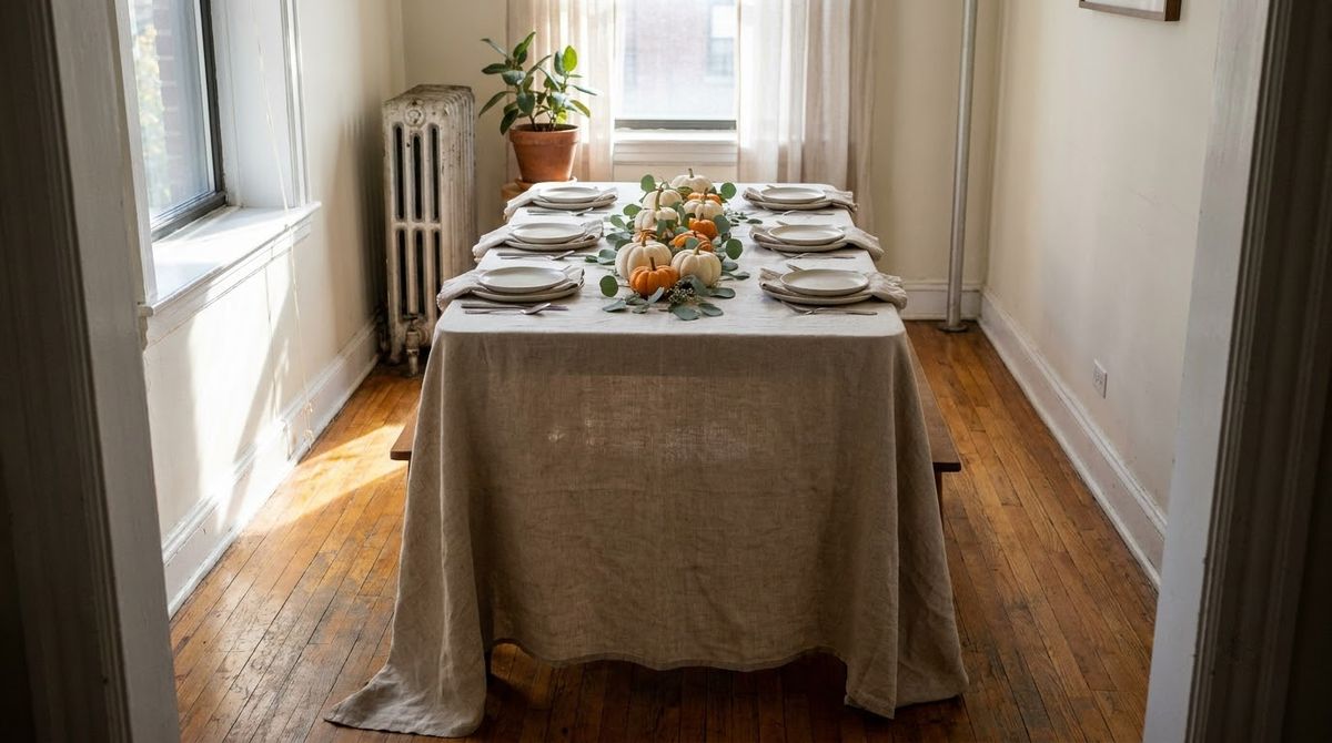 Two small tables joined under one long linen tablecloth set for a Thanksgiving dinner Two small tables joined under one long linen tablecloth set for a Thanksgiving dinner