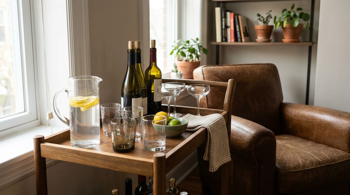 A Drinks Station Off the Table idea for thanksgiving table decor in a small rental A Drinks Station Off the Table idea for thanksgiving table decor in a small rental