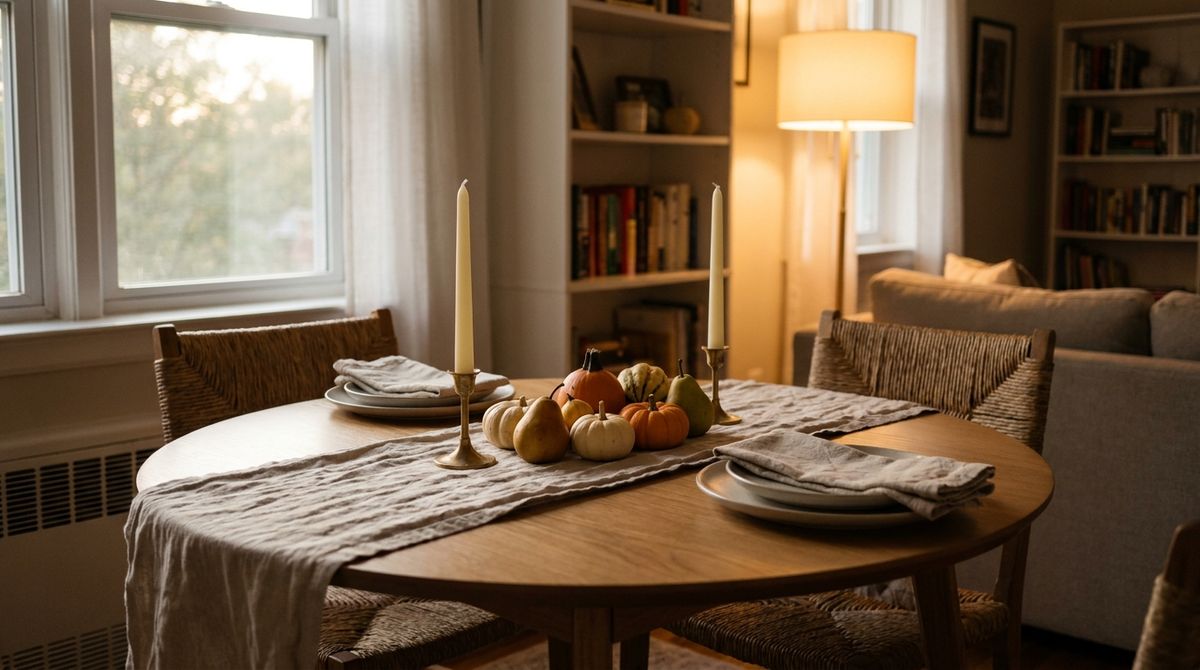 Thanksgiving table fully set the night before in a small apartment dining nook Thanksgiving table fully set the night before in a small apartment dining nook