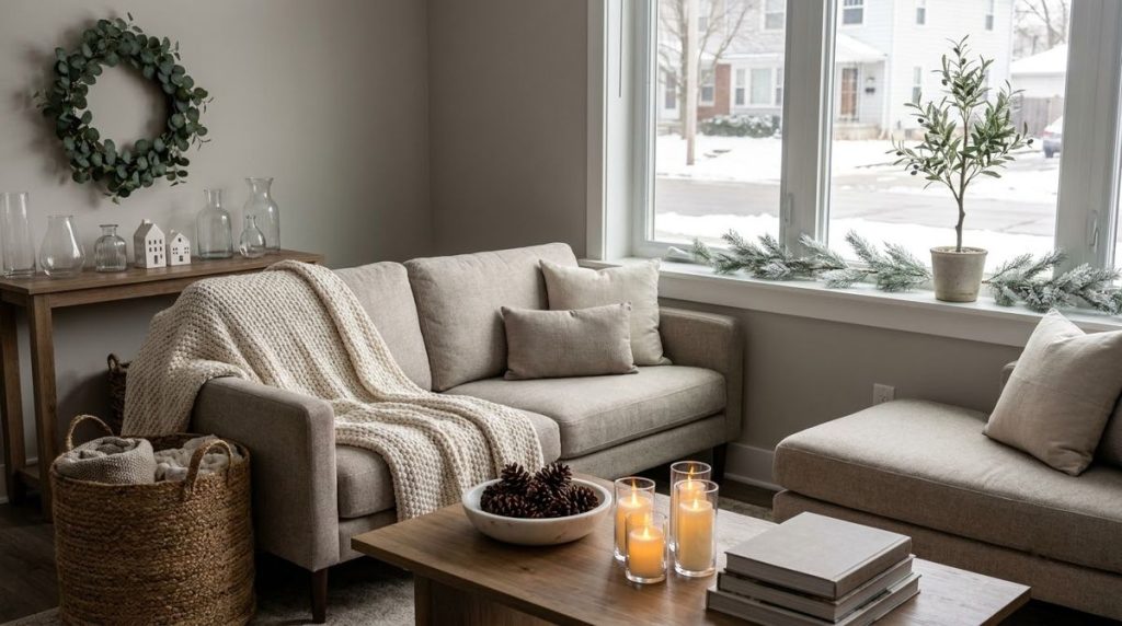 Overview of winter decorations not christmas ideas styled for a small apartment or rental home