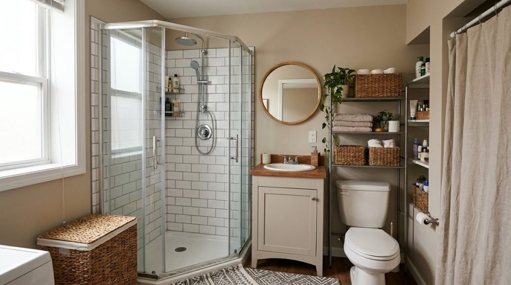 Overview of small bathroom ideas with shower ideas styled for a small apartment or rental home