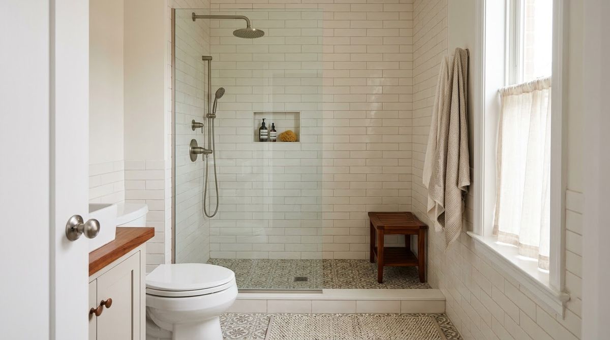 A 48 x 36-Inch Walk-In With Fixed Glass idea for small bathroom ideas with shower