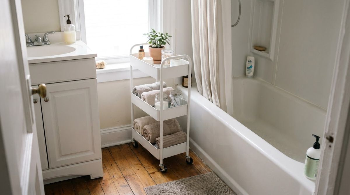 A Slim Rolling Cart idea for small bathroom ideas with shower in a small rental