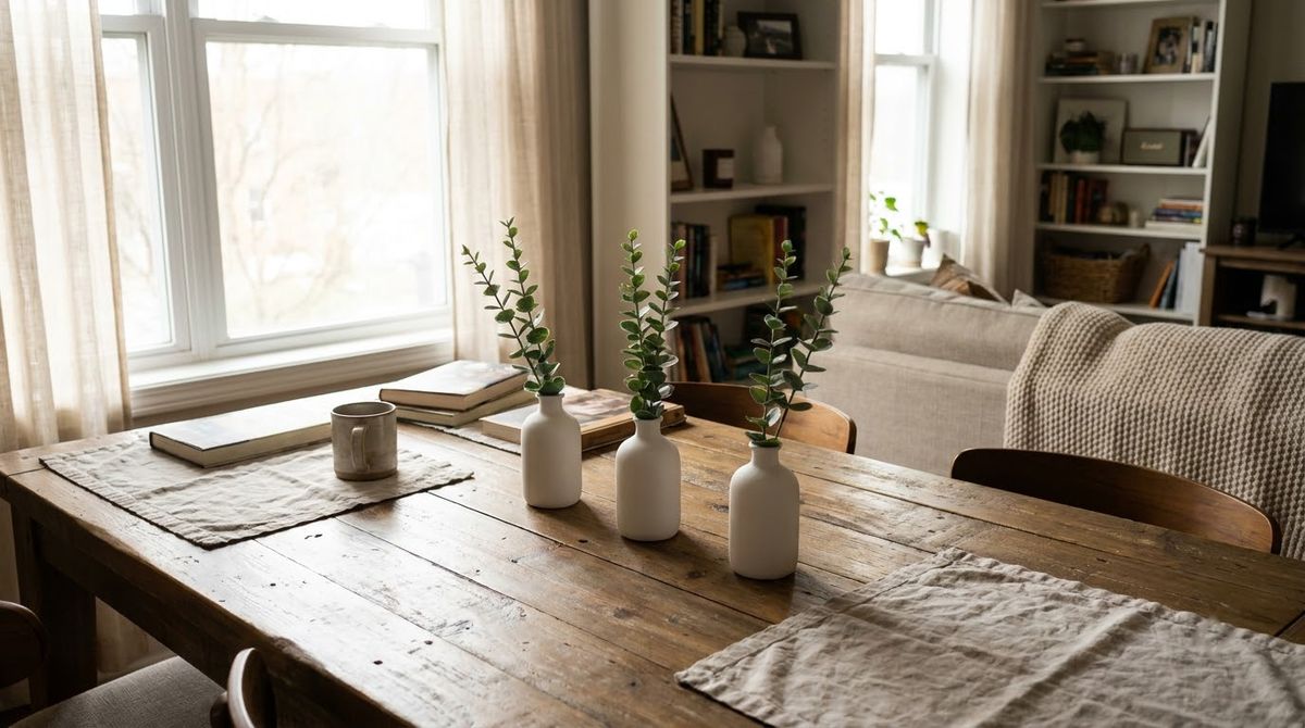Bud Vases With Faux Eucalyptus idea for decor winter wonderland in a small rental