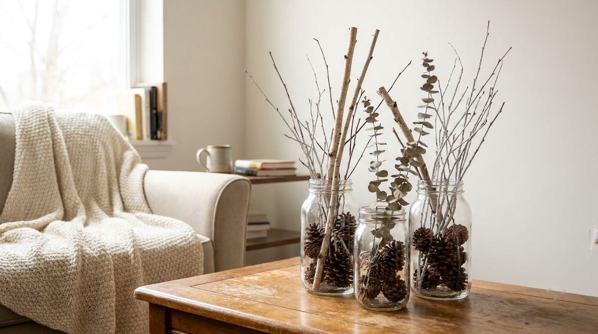Jars With Branches and Pinecones idea for decor winter wonderland in a small rental