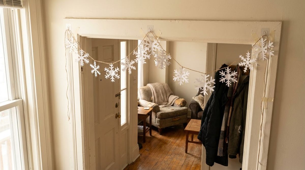Paper Snowflake Garland Across the Doorframe idea for decor winter wonderland in a small rental