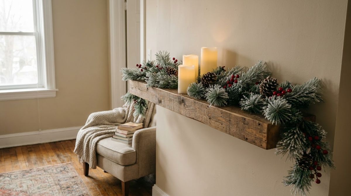 A Faux Garland Along a Shelf idea for decor winter wonderland in a small rental