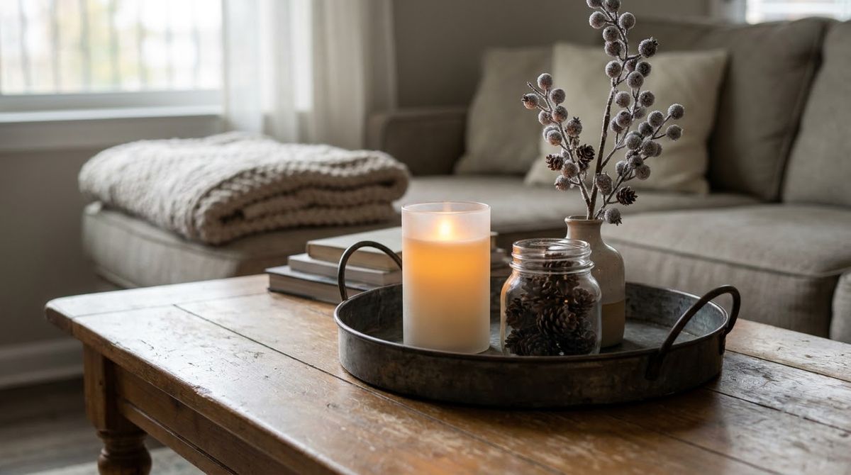 A Winter Coffee Table Vignette idea for decor winter wonderland in a small rental