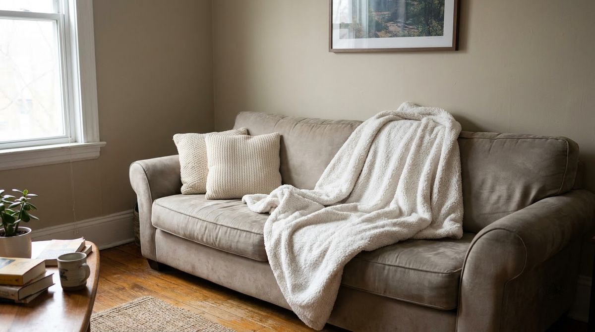 White Sherpa Throw and Pillow Covers idea for decor winter wonderland in a small rental