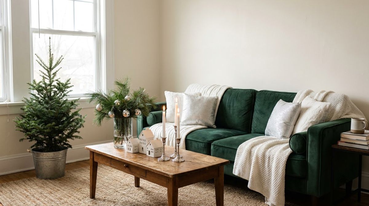 A Silver, White and Pine Palette Swap idea for decor winter wonderland in a small rental