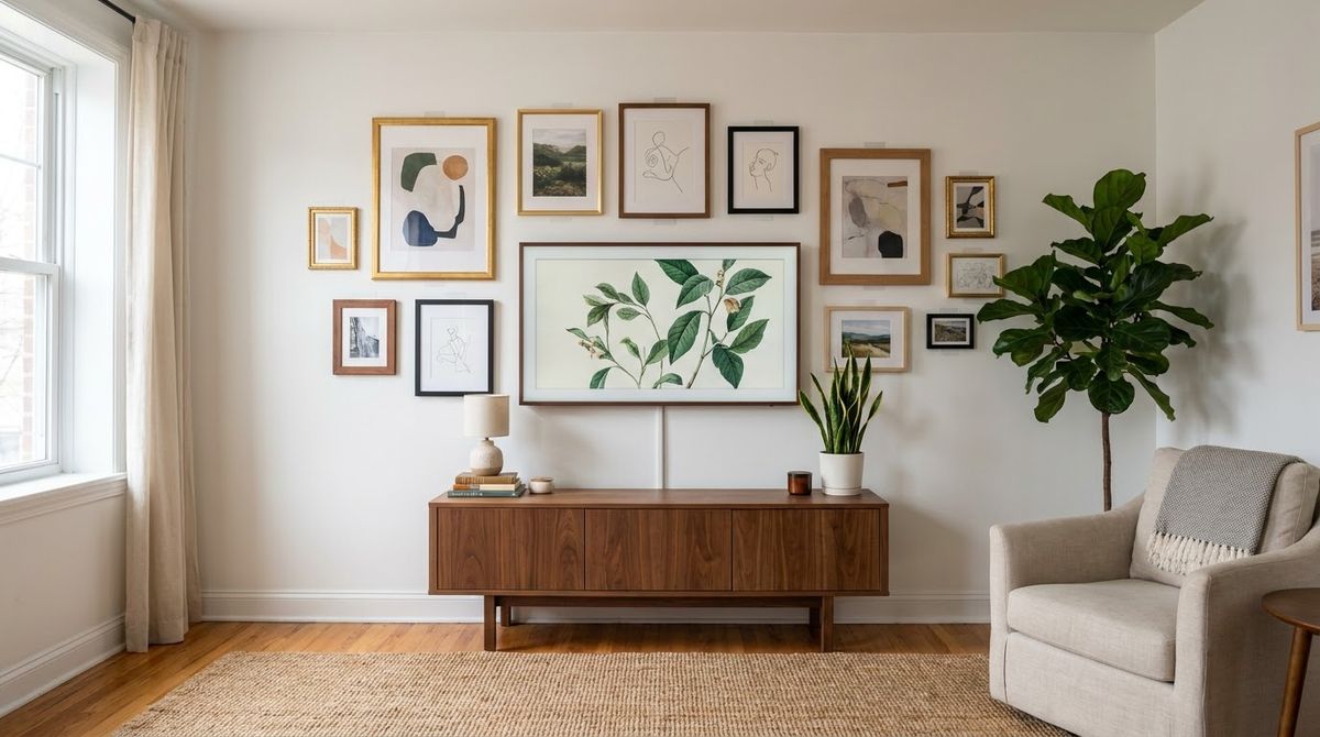 Overview of tv gallery wall ideas styled for a small apartment or rental home Overview of tv gallery wall ideas styled for a small apartment or rental home
