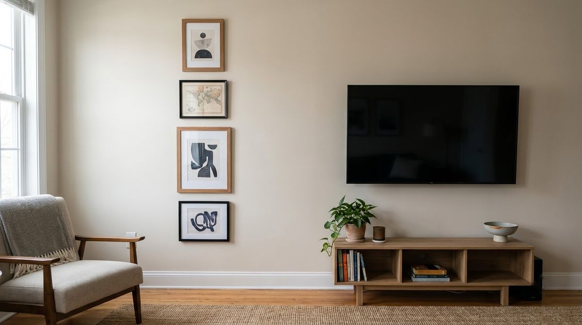 Stack Art on One Side for an Off-Center TV idea for tv gallery wall Stack Art on One Side for an Off-Center TV idea for tv gallery wall