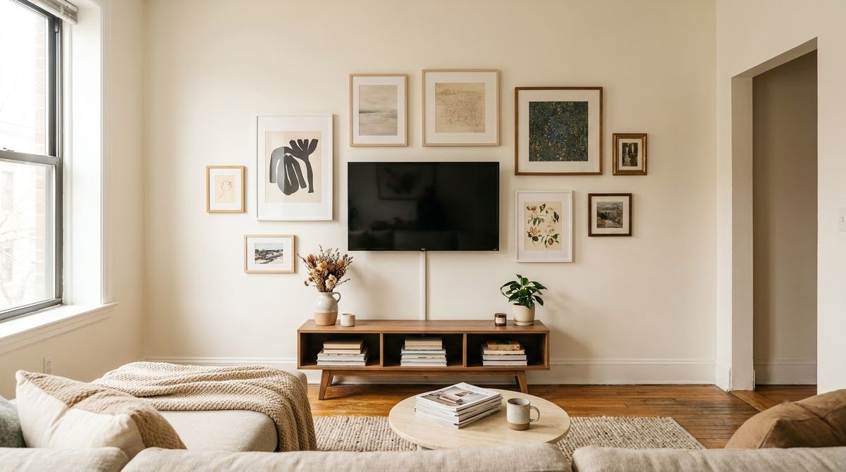 Set the Center Line Near Eye Level idea for tv gallery wall in a small rental Set the Center Line Near Eye Level idea for tv gallery wall in a small rental