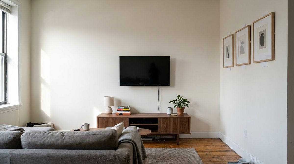 Lightweight frames hung with adhesive strips beside a TV in a small living room Lightweight frames hung with adhesive strips beside a TV in a small living room