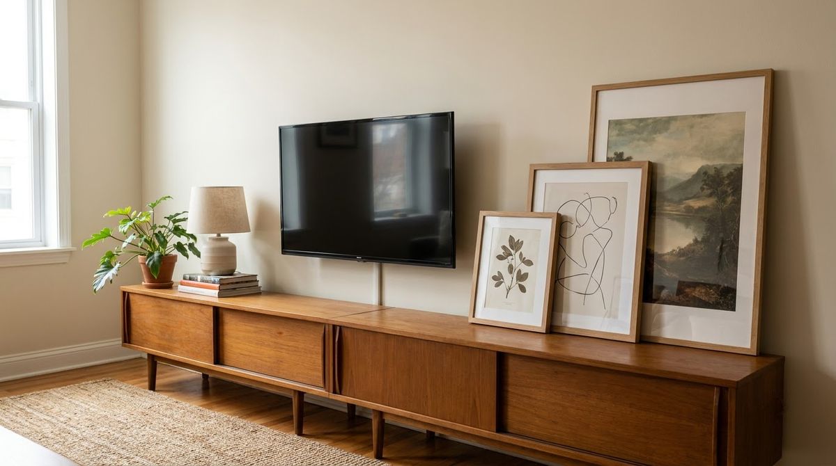 Lean Frames on the Media Console idea for tv gallery wall in a small rental Lean Frames on the Media Console idea for tv gallery wall in a small rental