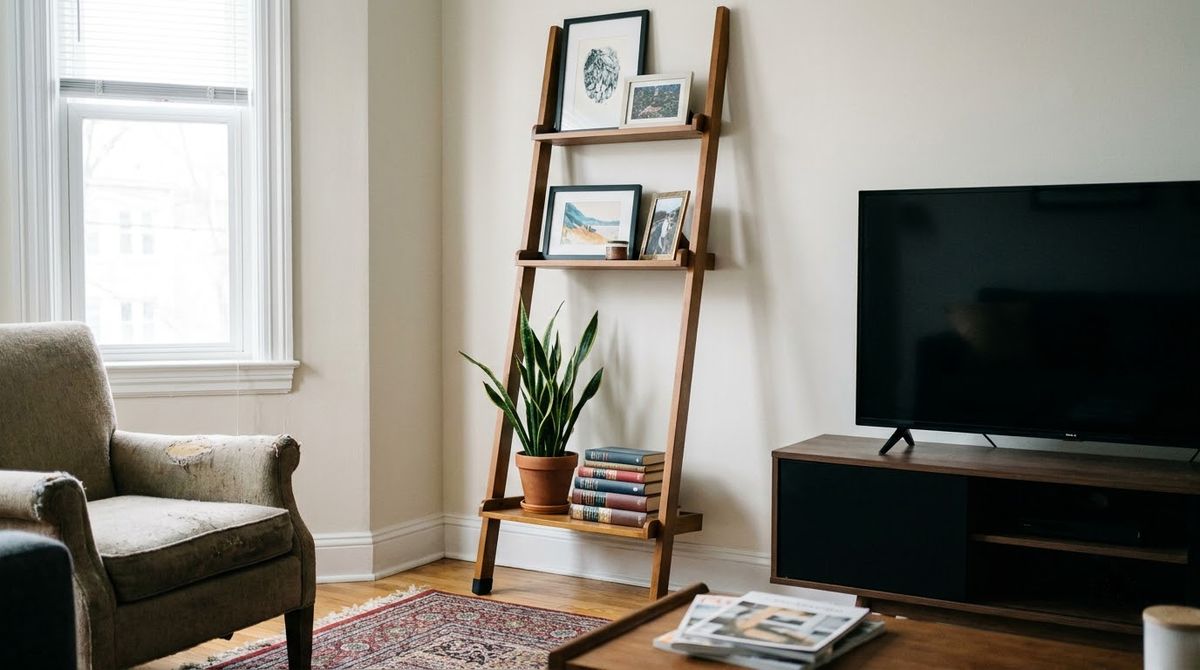 A Leaning Ladder Shelf as the Gallery idea for tv gallery wall in a small rental A Leaning Ladder Shelf as the Gallery idea for tv gallery wall in a small rental