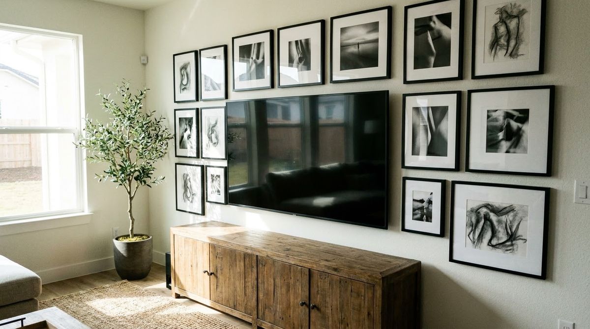 Black Frames Around a Black TV idea for tv gallery wall in a small rental Black Frames Around a Black TV idea for tv gallery wall in a small rental
