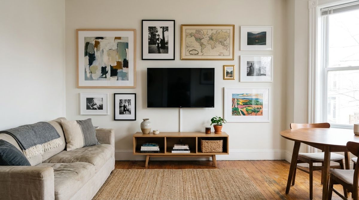 Matching White Mats Across Mixed Frames idea for tv gallery wall in a small rental Matching White Mats Across Mixed Frames idea for tv gallery wall in a small rental