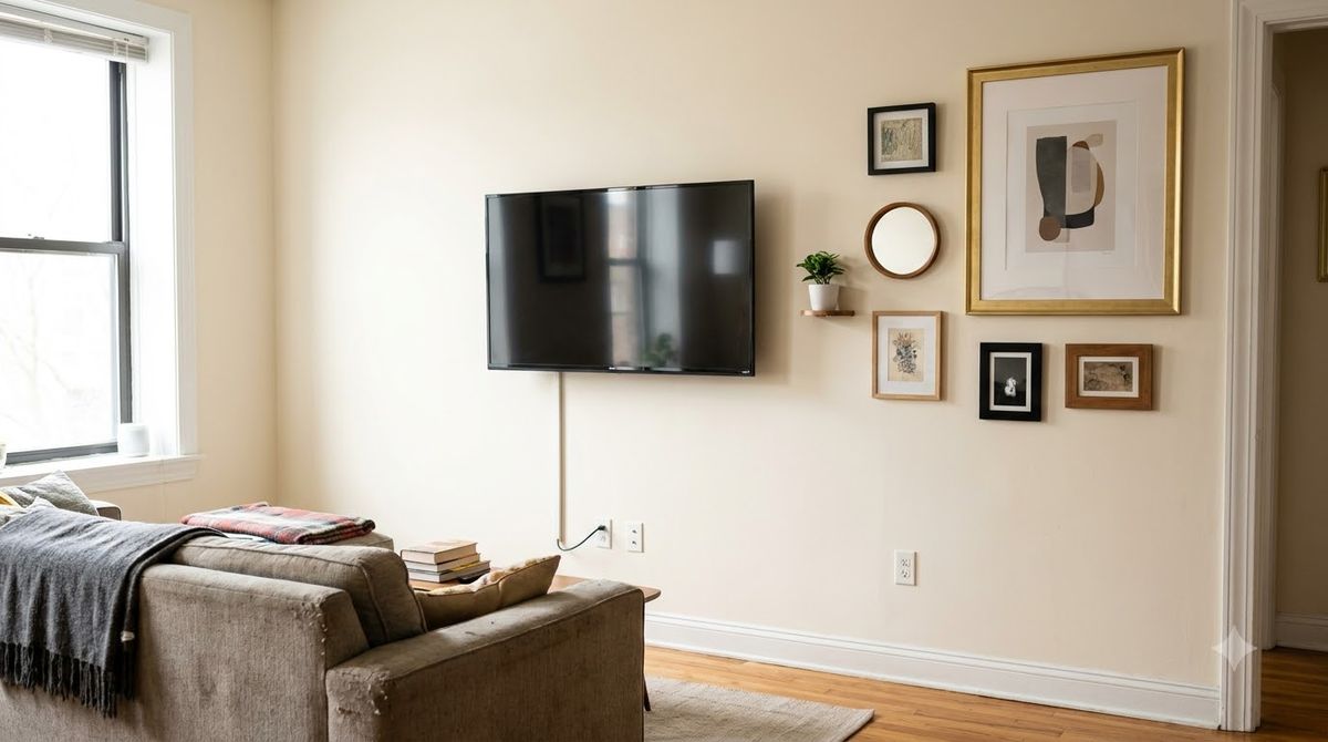 One Large Piece Plus Small Companions idea for tv gallery wall in a small rental One Large Piece Plus Small Companions idea for tv gallery wall in a small rental