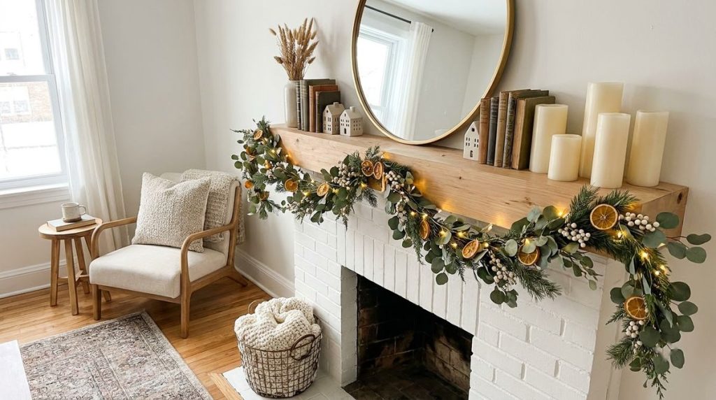 Overview of winter fireplace mantel decor ideas styled for a small apartment or rental home