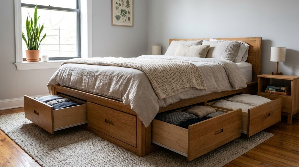 A Bed Frame With Built-In Drawer Boxes idea for small master bedroom ideas