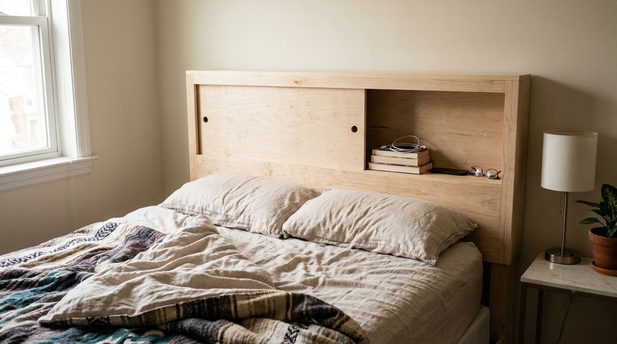 A Headboard With a Storage Compartment idea for small master bedroom ideas in a small rental
