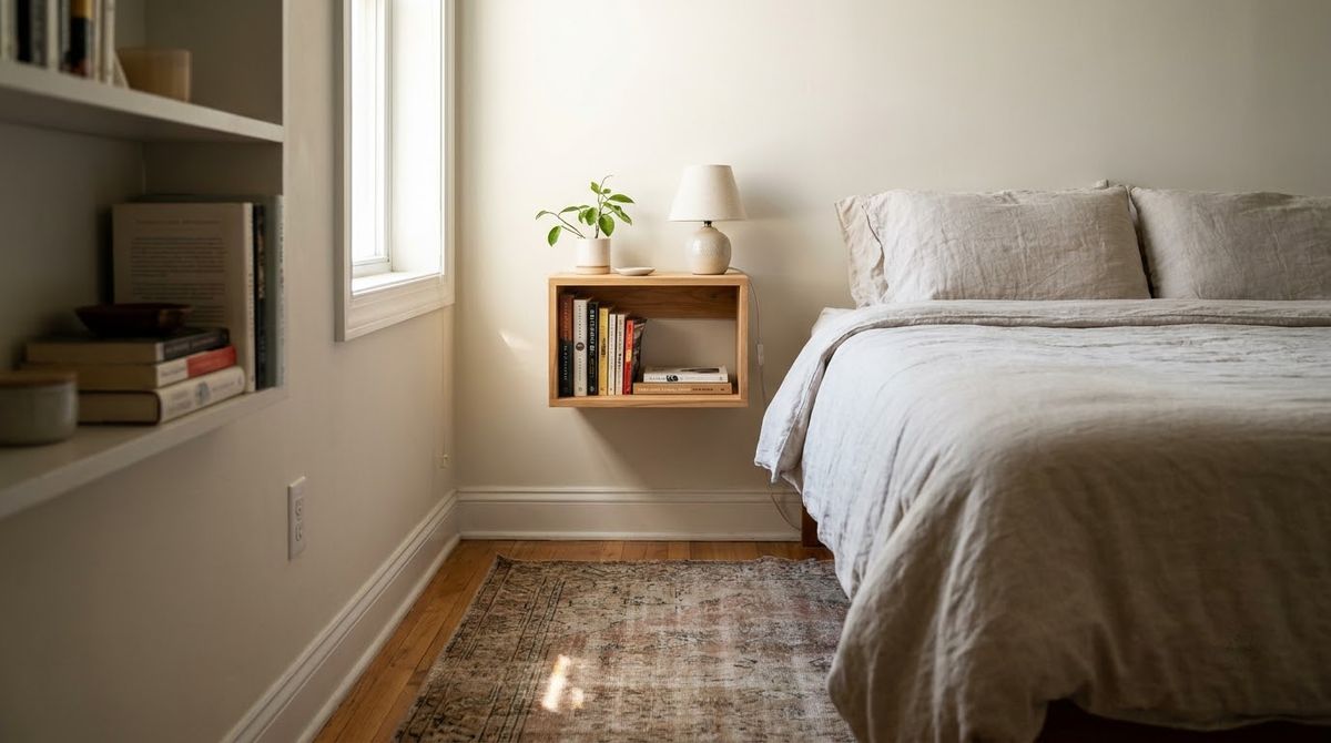 Wall-Mounted Bedside Tables idea for small master bedroom ideas in a small rental