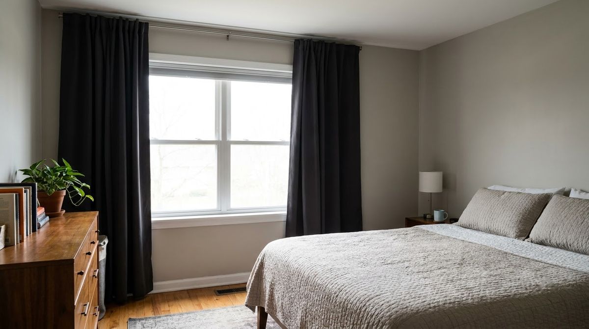 Blackout Curtains Hung High and Wide idea for small master bedroom ideas in a small rental