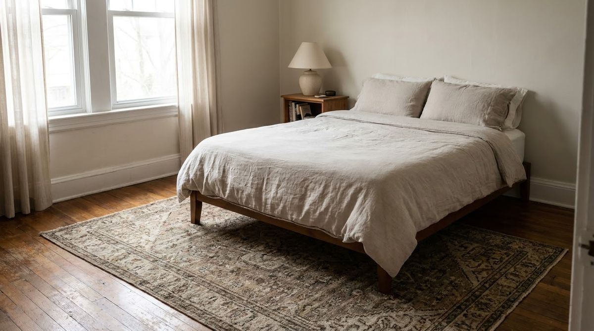 A 5 x 7 Rug Turned Sideways Under the Foot idea for small master bedroom ideas