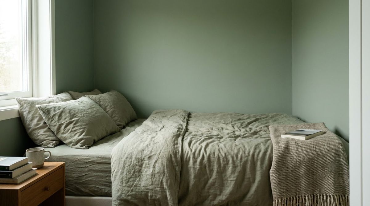 Tone-on-Tone Bedding That Matches the Walls idea for small master bedroom ideas in a small rental