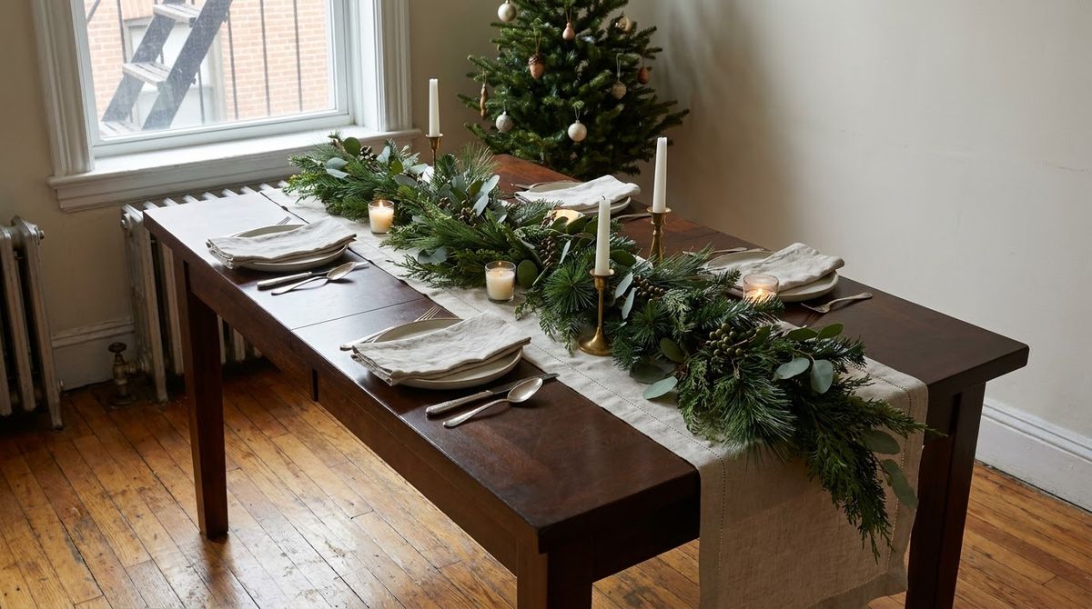 Faux Garland Folded Down a Narrow Runner idea for christmas centerpiece ideas in a small rental