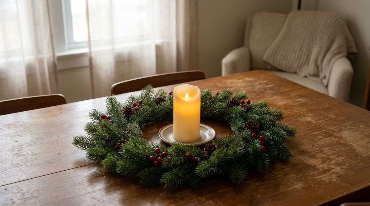 A Flat Wreath With a Candle in the Middle idea for christmas centerpiece ideas