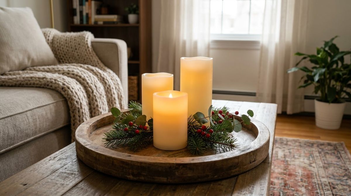 LED Pillars of Three Heights on a Tray idea for christmas centerpiece ideas