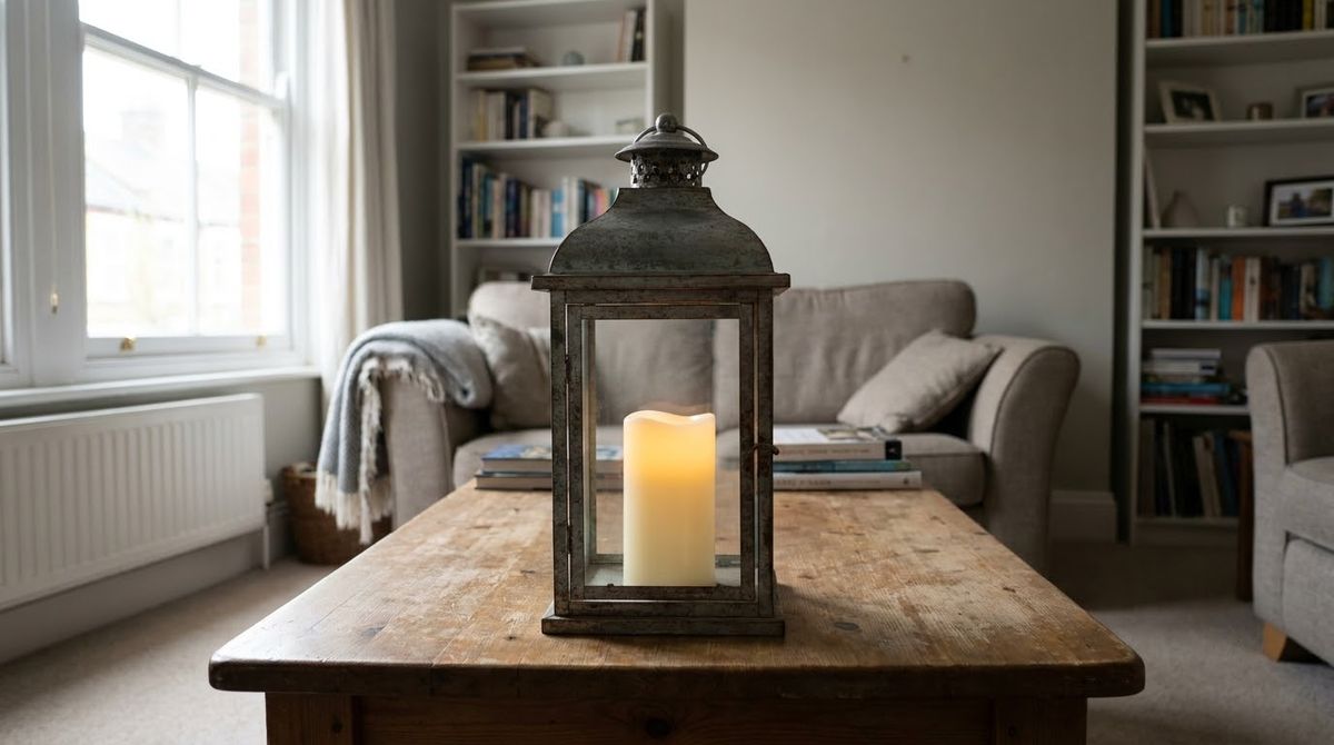 A Lantern Holding One LED Pillar idea for christmas centerpiece ideas in a small rental