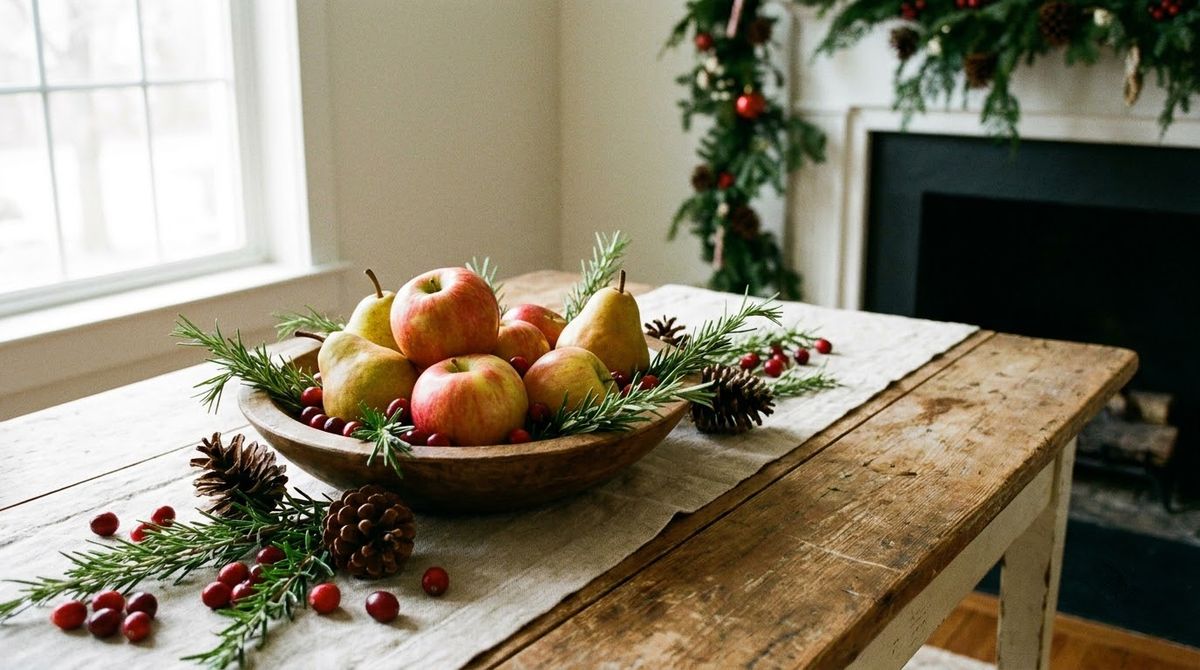 Apples and Pears in a Bowl With Rosemary idea for christmas centerpiece ideas