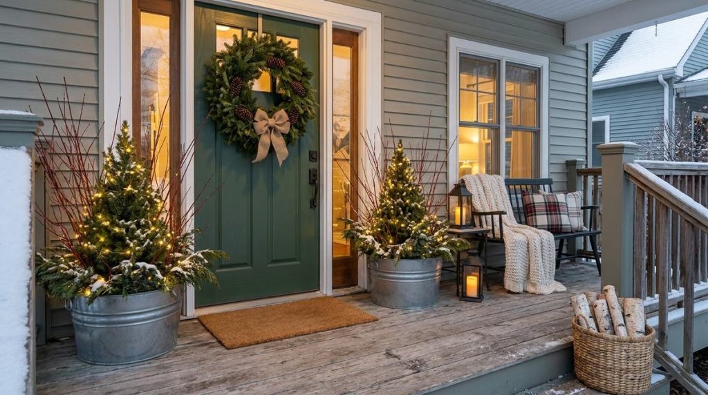 Overview of winter porch decorating ideas styled for a small apartment or rental home