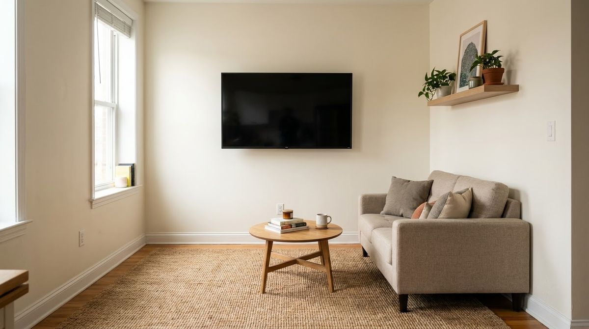 A Wall-Mounted TV at Eye Level idea for small living room ideas with tv